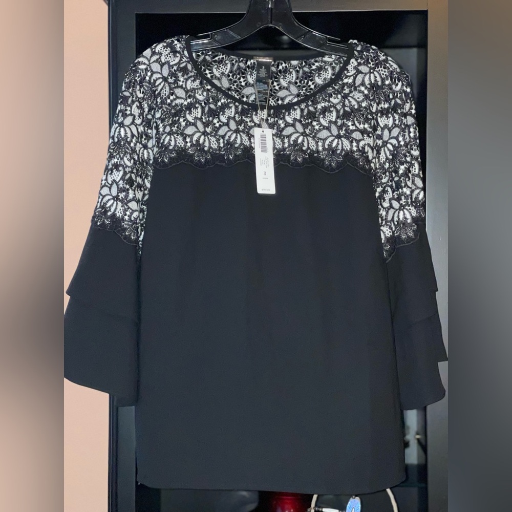 CHICO’S NWT$149 BLACK LABEL LACE YOKE,TIERED 3/4 SLV.SZ.3(16-18) XL